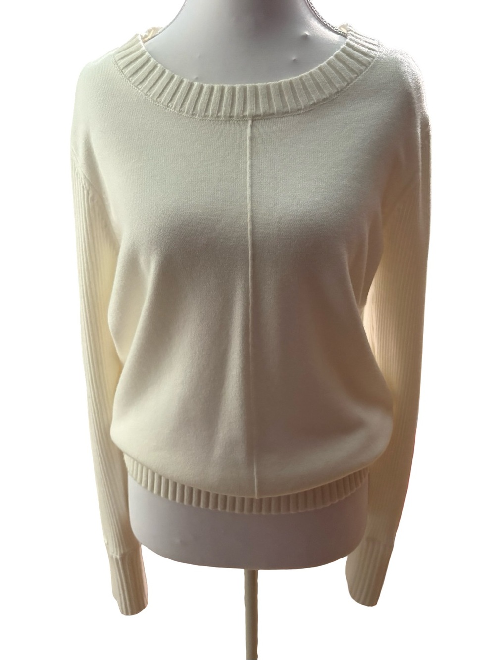 Evereve Cream Crewneck Rib Knit Sweater with Leather down the sleeves. - Picture 2 of 7